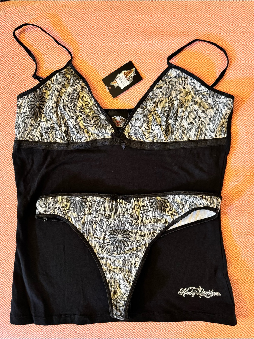 Harley-Davidson Black and cream Lace print, black Trim Bralette &  thong Set.